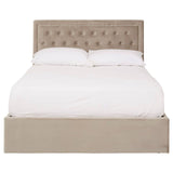 Mink velvet double bed with a tufted headboard, featuring a clean, modern design and a spacious storage ottoman base. The bed is dressed with a white mattress and pillows, creating a cozy and inviting appearance