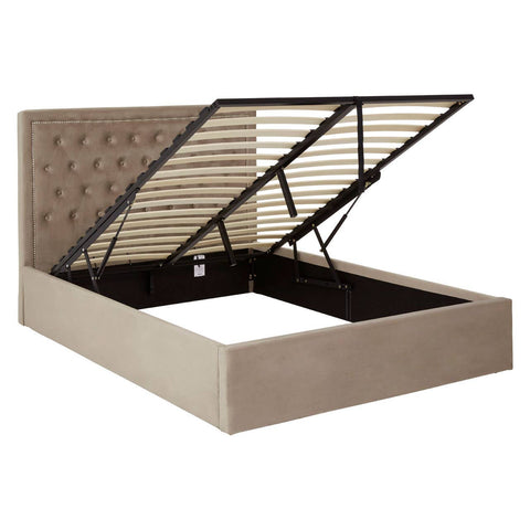 Mink velvet ottoman double bed with a tufted headboard and a hydraulic lift mechanism, showcasing an open storage compartment beneath the mattress base. The bed frame features a neutral beige color, complementing various interior styles