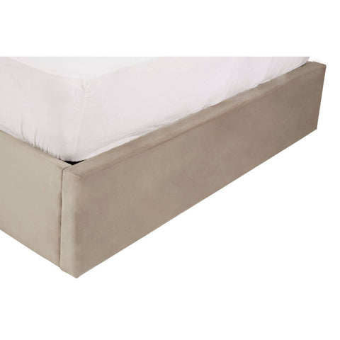 Mink velvet ottoman double bed with a soft, textured fabric and a sleek, low-profile design, featuring a spacious storage compartment beneath the mattress. The bed is shown from the side, highlighting the plush upholstery and clean lines