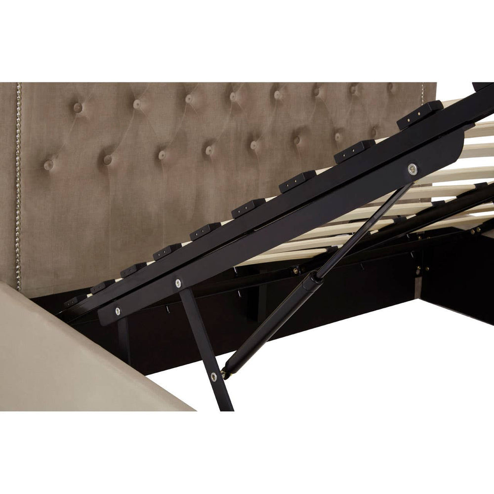 Mink velvet upholstery with a tufted headboard and a metal lift mechanism revealing storage space underneath the bed frame. The bed features wooden slats for mattress support and a sleek, modern design