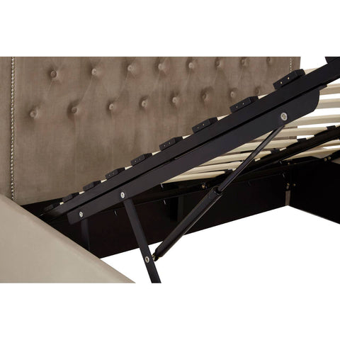Mink velvet upholstery with a tufted headboard and a metal lift mechanism revealing storage space underneath the bed frame. The bed features wooden slats for mattress support and a sleek, modern design