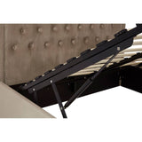 Mink velvet upholstery with a tufted headboard and a metal lift mechanism revealing storage space underneath the bed frame. The bed features wooden slats for mattress support and a sleek, modern design