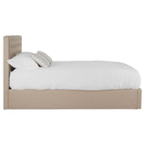 Beige ottoman double bed with a padded headboard and two white pillows on a neatly made bed. The bed frame features a simple, modern design and is positioned against a plain background