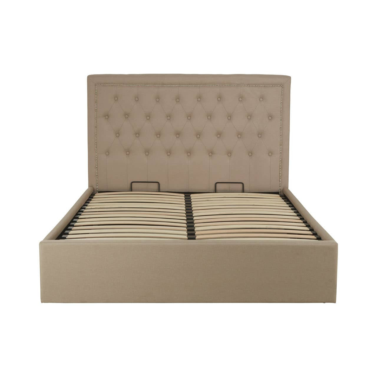 Beige ottoman double bed with a tufted headboard and a spacious storage compartment underneath, featuring two lifting sections for easy access