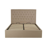 Beige ottoman double bed with a tufted headboard and a spacious storage compartment underneath, featuring two lifting sections for easy access