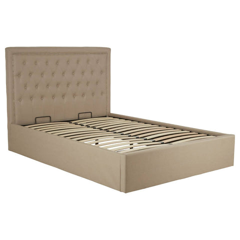 Beige ottoman double bed with a tufted headboard and a spacious storage compartment underneath, featuring a slatted base for mattress support