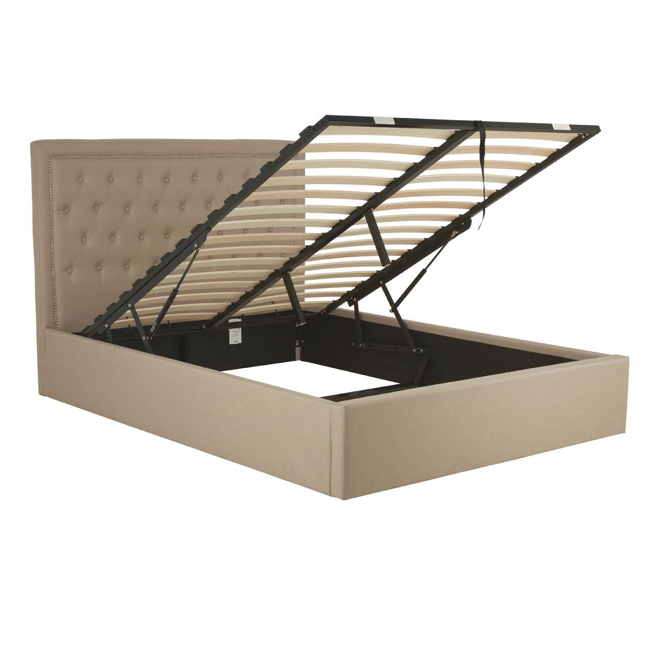 Beige ottoman double bed with a tufted headboard and a lift-up storage feature, showcasing the interior storage space beneath the mattress base. The bed frame has a sleek design with clean lines and a neutral color that complements various decor styles