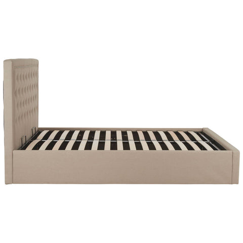 Beige ottoman double bed featuring a low-profile design with a slatted base and a tall, upholstered headboard with vertical stitching