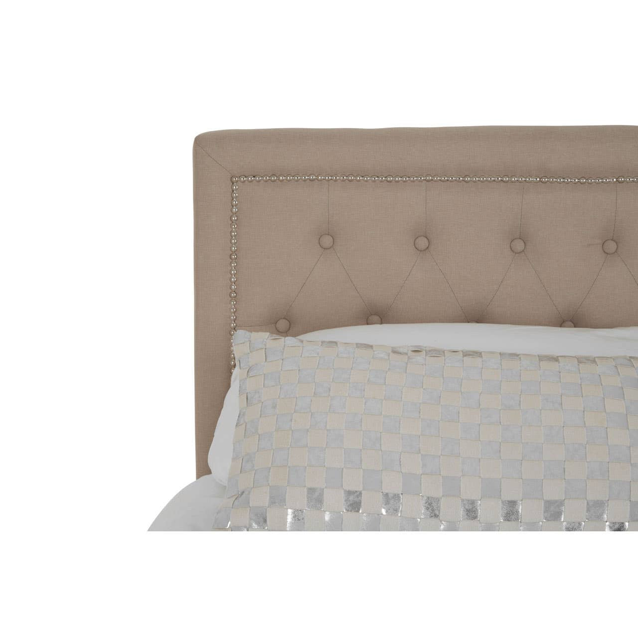 Beige upholstered headboard with tufted detailing, paired with a light-colored patterned bedspread and decorative pillows. The bed frame features a clean, modern design suitable for a cozy bedroom setting