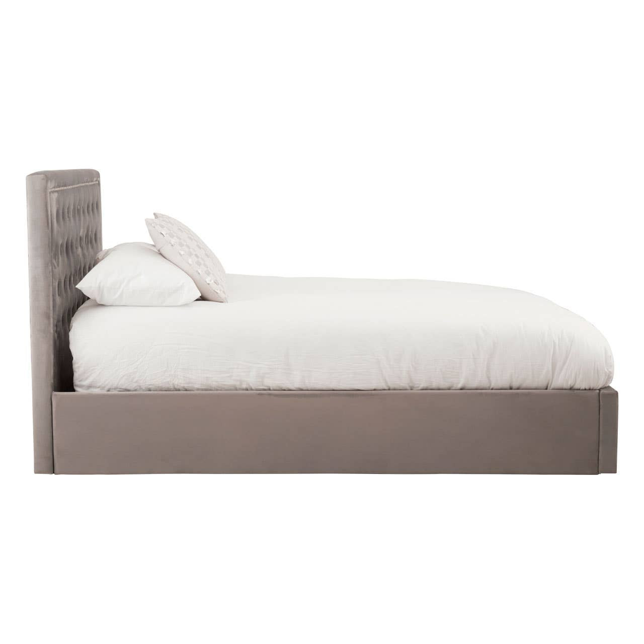 Grey upholstered king bed with a tufted headboard and a low-profile design, featuring a plush mattress and two white pillows on top. The bed frame has a sleek, modern appearance and is positioned against a plain background