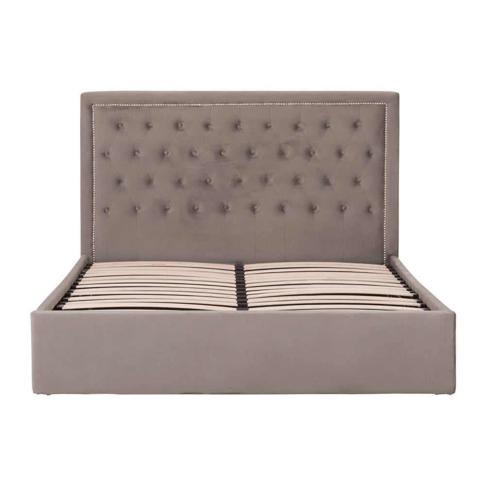 Grey upholstered king bed with a tufted headboard and a spacious storage base, featuring a clean and modern design