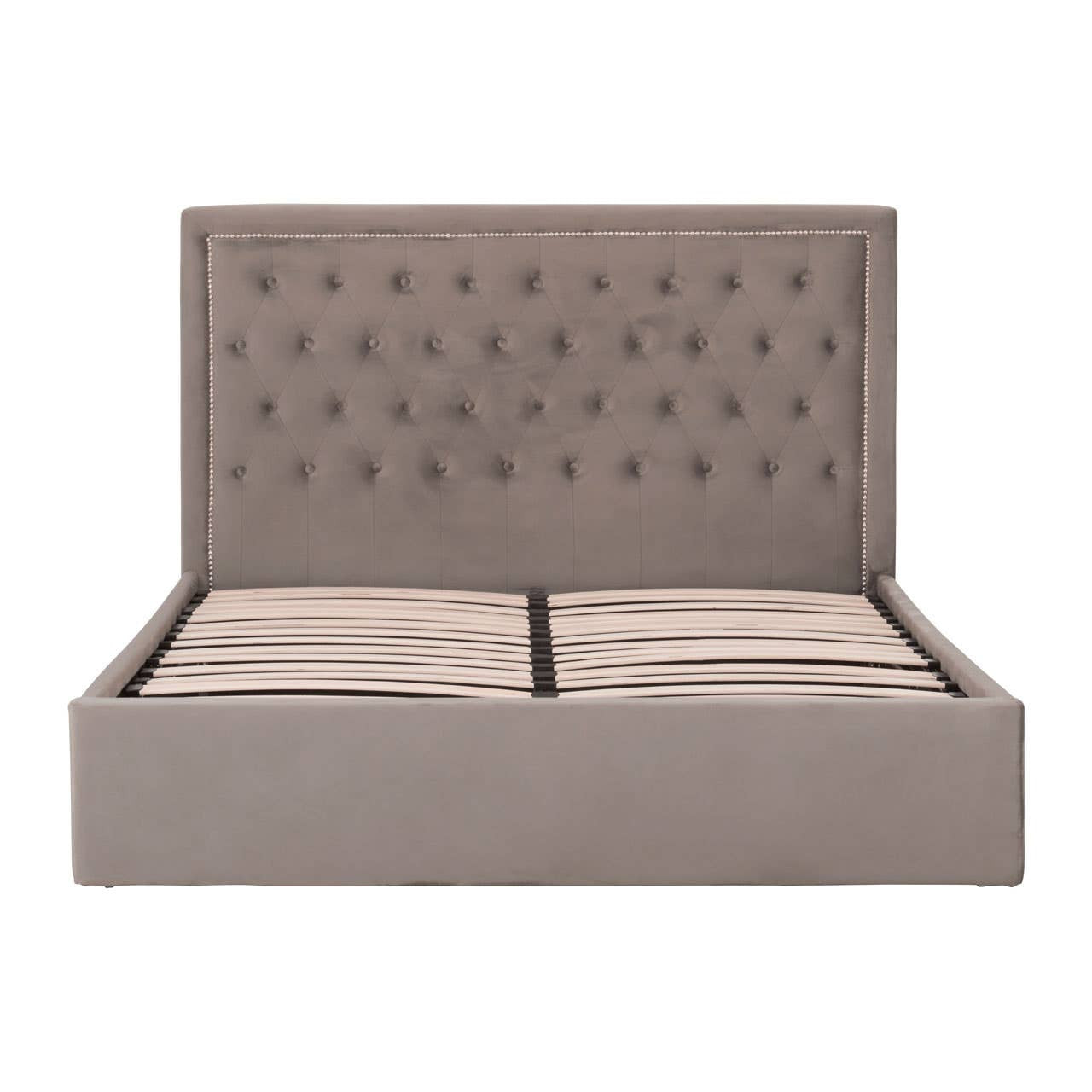 Grey upholstered king bed with a tufted headboard and a spacious storage base, featuring a clean and modern design