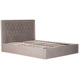 Grey upholstered king bed with a tufted headboard and a low-profile frame, featuring a spacious storage compartment underneath. The fabric has a soft texture, and the overall design is modern and minimalist