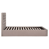 Grey ottoman king bed with a low-profile design, featuring a slatted base and a tall, upholstered headboard with vertical stitching details. The bed frame has a minimalist aesthetic and is positioned against a plain background