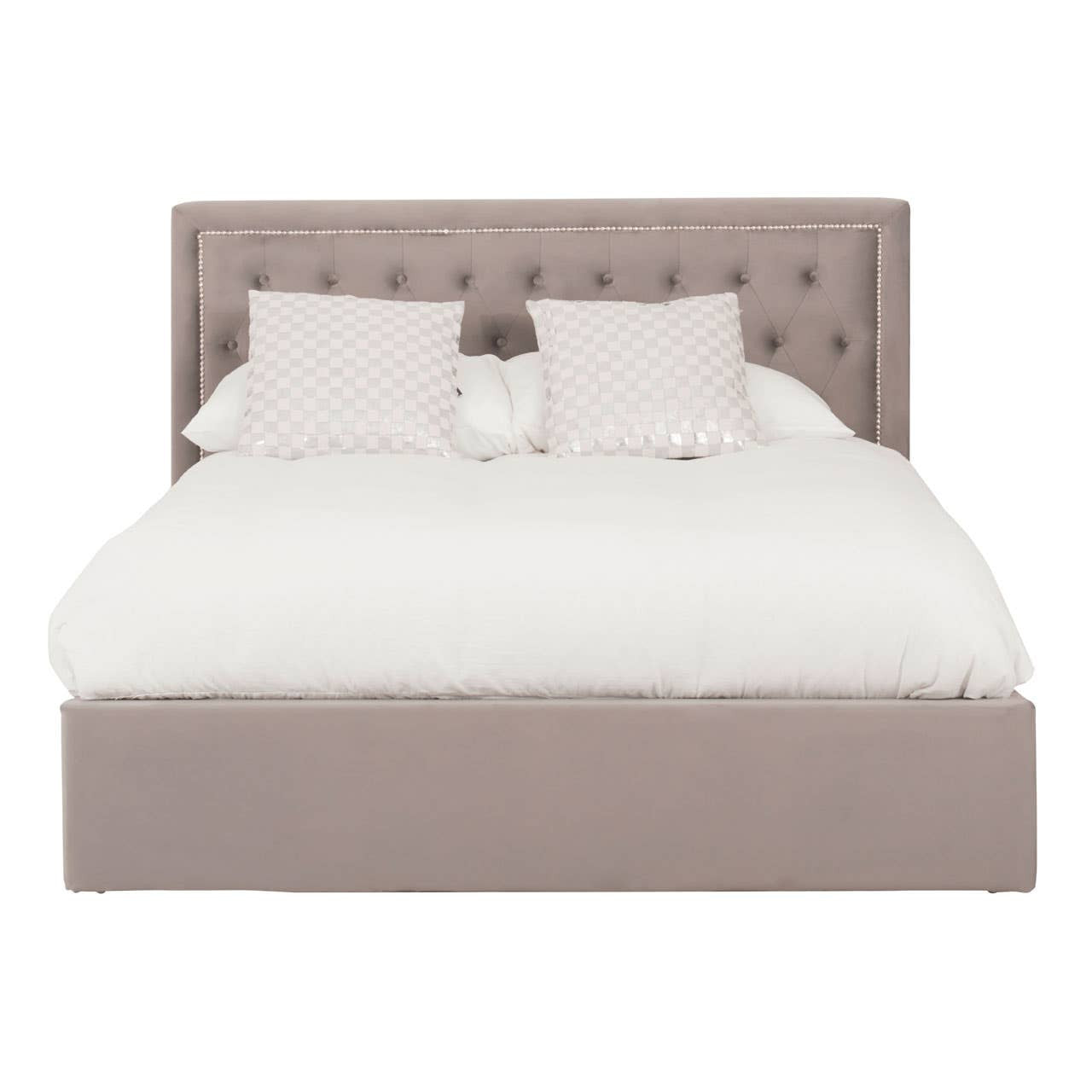 Grey upholstered king bed with a tufted headboard, featuring a plush white comforter and two decorative pillows. The bed has a spacious ottoman base for additional storage