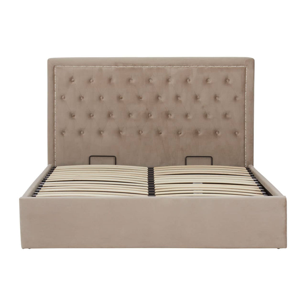 Mink velvet ottoman king bed with a tufted headboard and a spacious storage compartment underneath, featuring two handles for easy access. The bed is upholstered in a soft, neutral fabric that complements various decor styles