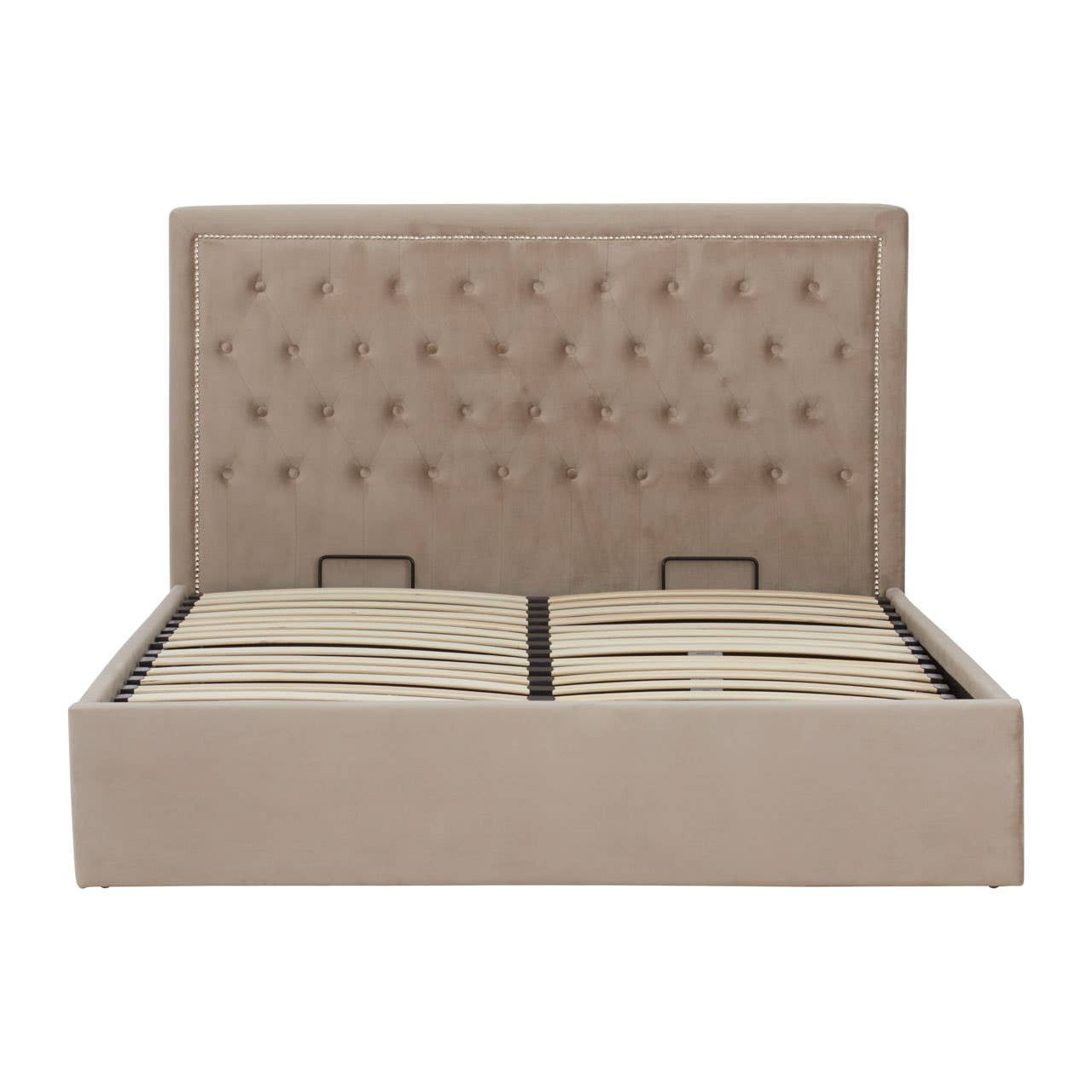 Mink velvet ottoman king bed with a tufted headboard and a spacious storage compartment underneath, featuring two handles for easy access. The bed is upholstered in a soft, neutral fabric that complements various decor styles