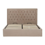 Mink velvet ottoman king bed with a tufted headboard and a spacious storage compartment underneath, featuring two handles for easy access. The bed is upholstered in a soft, neutral fabric that complements various decor styles