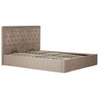 Mink velvet king bed with a tufted headboard and a low-profile base, featuring a spacious storage compartment underneath. The bed is upholstered in a soft, neutral-toned fabric, complementing modern home decor