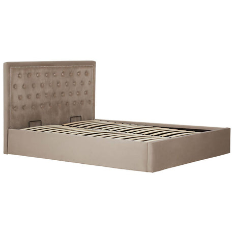 Mink velvet king bed with a tufted headboard and a low-profile base, featuring a spacious storage compartment underneath. The bed is upholstered in a soft, neutral-toned fabric, complementing modern home decor