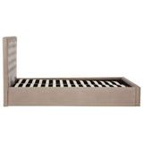 Mink velvet king bed with a sleek, modern design featuring a tall, tufted headboard and a low-profile base, showcasing wooden slats for mattress support. The overall color is a soft, neutral tone that complements various decor styles
