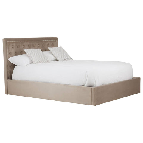 Mink velvet king bed with a tufted headboard, featuring a low-profile design and a spacious storage ottoman base, complemented by two white pillows and a white comforter