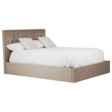 Mink velvet king bed with a tufted headboard, featuring a low-profile design and a spacious storage ottoman base, complemented by two white pillows and a white comforter