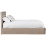 Mink velvet king bed with a tufted headboard, featuring a low-profile design and a soft, neutral color. The bed is styled with white bedding and two decorative pillows, set against a plain background