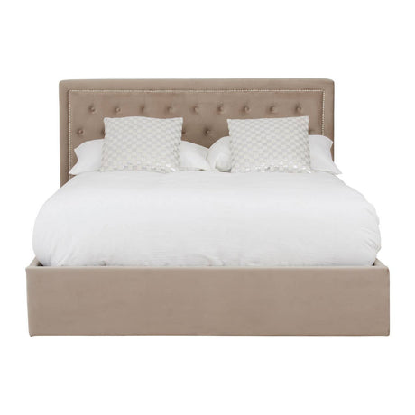 Mink velvet king bed with a tufted headboard, featuring two white decorative pillows and a white comforter, along with a storage drawer at the base