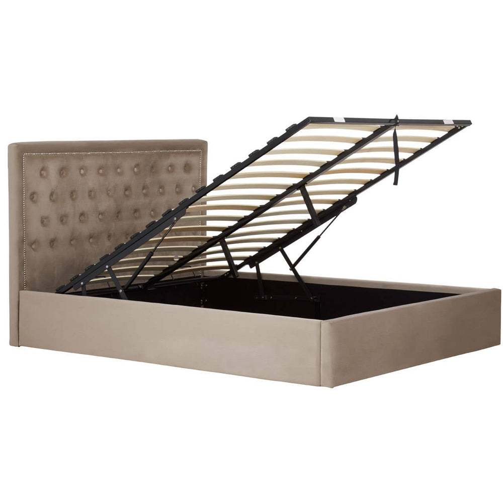 Mink velvet king bed with a tufted headboard and an ottoman-style lift mechanism, revealing a spacious storage compartment underneath. The bed features a sleek design with a neutral color palette, complemented by sturdy black metal supports