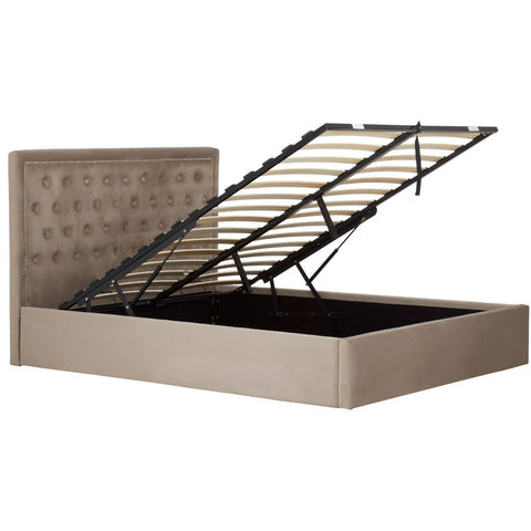 Mink velvet king bed with a tufted headboard and an ottoman-style lift mechanism, revealing a spacious storage compartment underneath. The bed features a sleek design with a neutral color palette, complemented by sturdy black metal supports