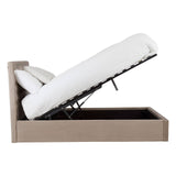 Mink velvet king bed with a tufted headboard and a lift-up storage feature, showcasing a white mattress partially raised to reveal a spacious storage compartment underneath. The bed frame is upholstered in a soft, neutral-toned fabric