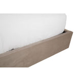 Mink velvet upholstered king bed with a sleek, modern design featuring a soft, cushioned headboard and a sturdy wooden base in a light brown finish. The bed includes a spacious storage compartment underneath, partially visible, showcasing a white mattress resting on top