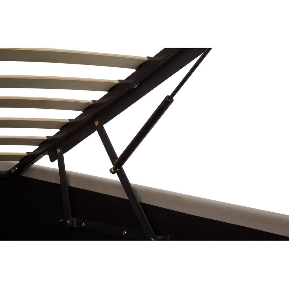 Close-up view of the support mechanism and slats of the Hannah Mink Velvet Ottoman King Bed, showcasing the sturdy metal frame and lifting mechanism designed for easy access to under-bed storage