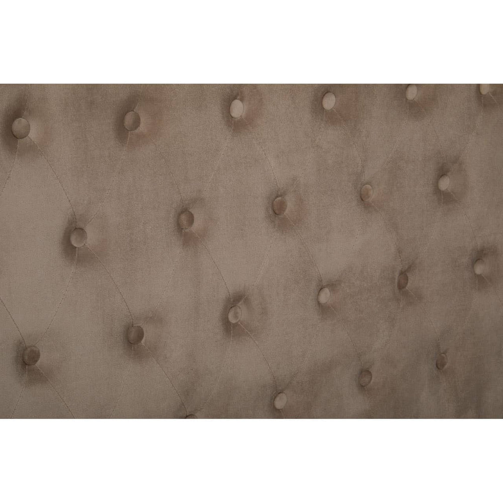 Mink velvet upholstery with a tufted design featuring round buttons, creating a luxurious texture and appearance. The color is a soft, neutral tone that complements various decor styles
