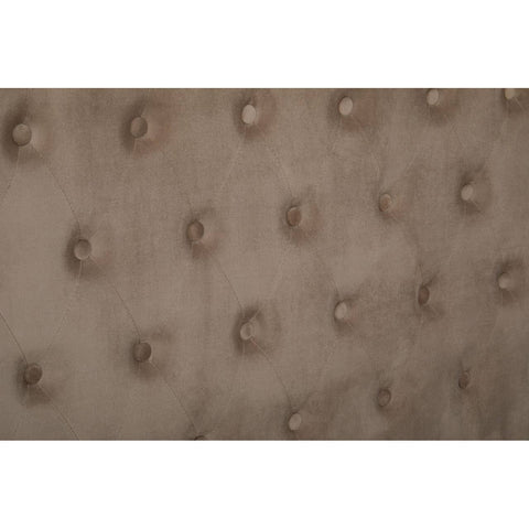 Mink velvet upholstery with a tufted design featuring round buttons, creating a luxurious texture and appearance. The color is a soft, neutral tone that complements various decor styles