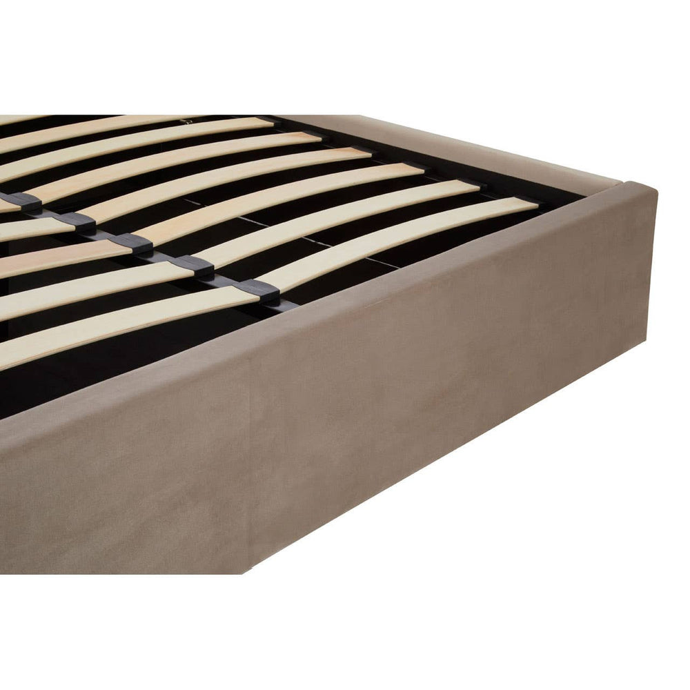 Mink velvet upholstered king bed with a sturdy wooden slat support system, featuring a low-profile design and a soft, neutral color that complements various decor styles