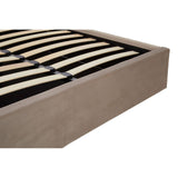 Mink velvet upholstered king bed with a sturdy wooden slat support system, featuring a low-profile design and a soft, neutral color that complements various decor styles