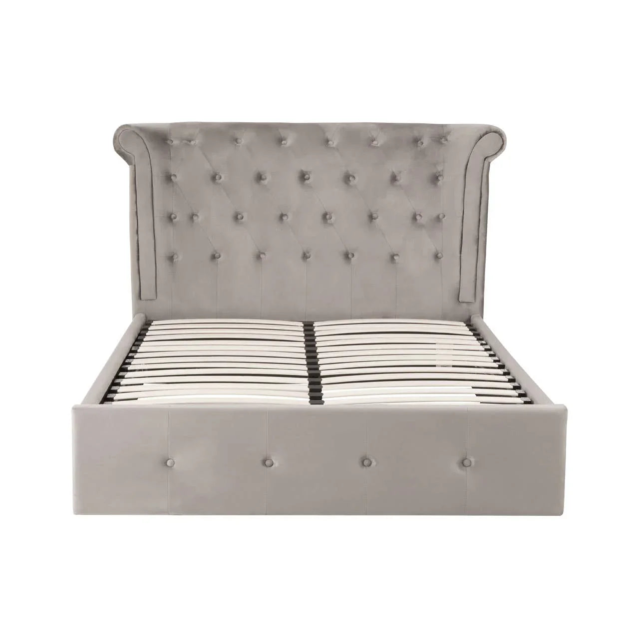 Grey velvet upholstered bed frame with tufted winged headboard and wooden slats