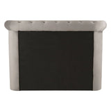 Rear view of grey upholstered bed headboard with black fabric backing and button details