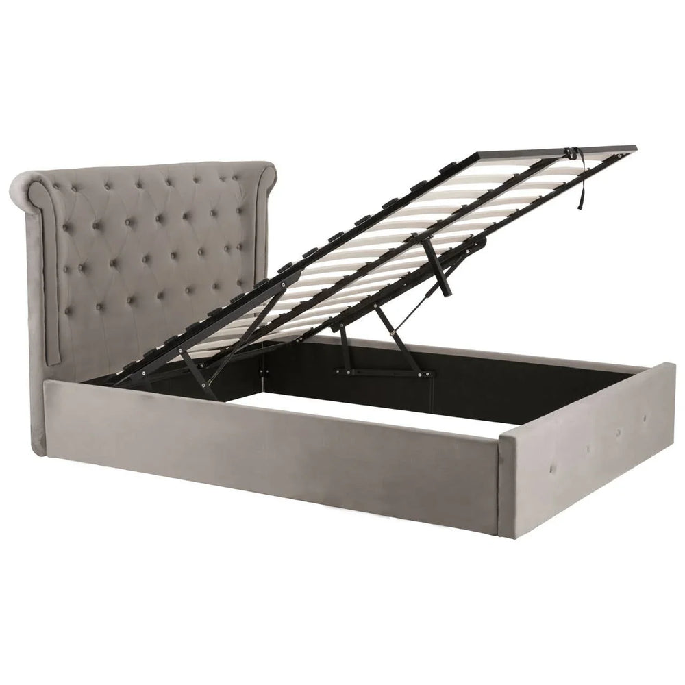 Grey upholstered ottoman storage bed with buttoned headboard and raised slatted base