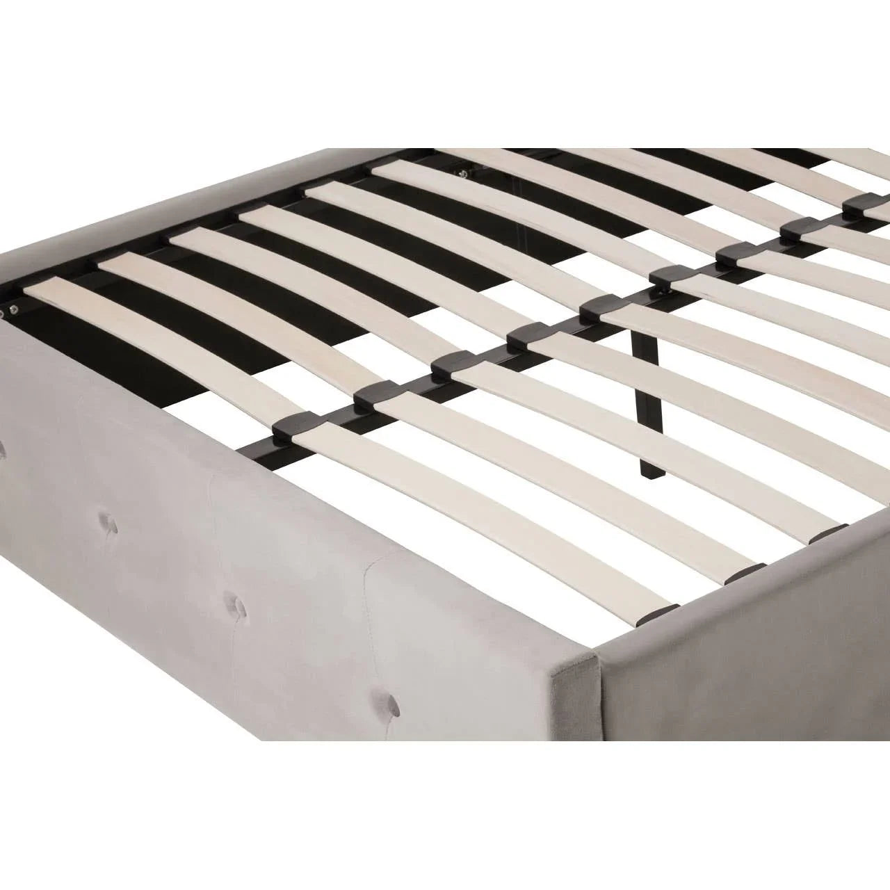 Upholstered bed frame with wooden slats and tufted side panel, corner angle view