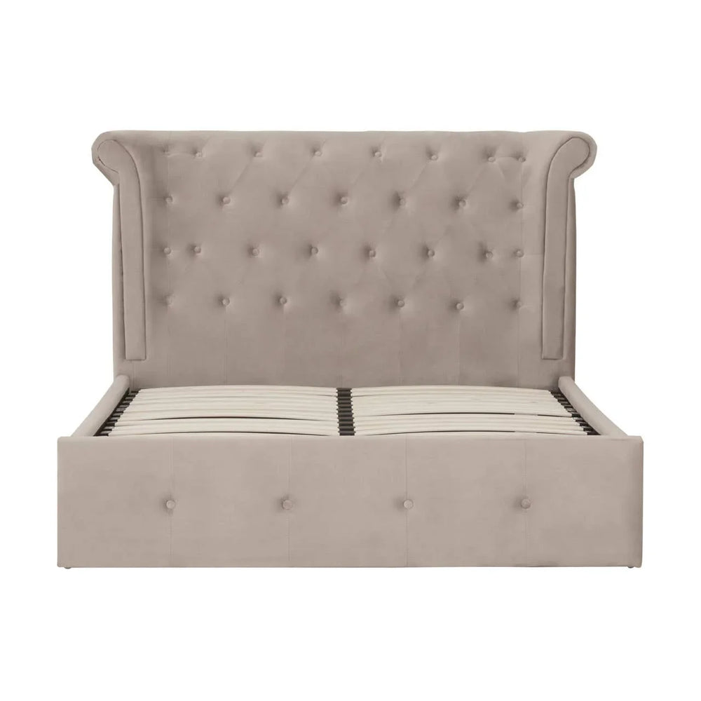 Beige upholstered bed frame with tufted winged headboard and slatted base, front view
