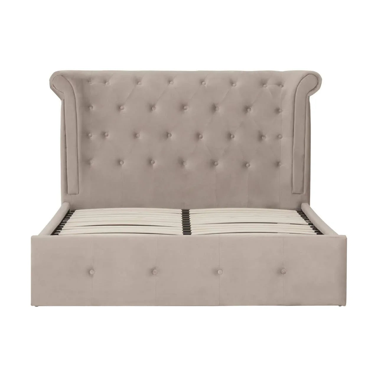 Beige upholstered bed frame with tufted winged headboard and slatted base, front view