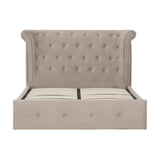 Beige upholstered bed frame with tufted winged headboard and slatted base, front view