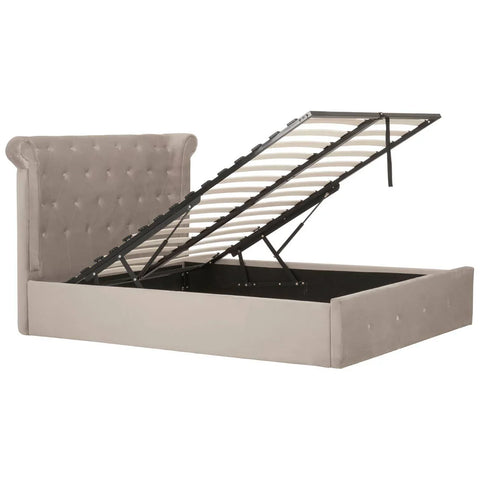 Grey velvet ottoman storage bed with plush tufted headboard and lift-up slatted base