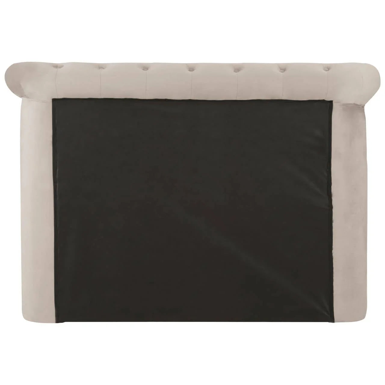 Rear view of beige upholstered bed headboard with tufted velvet detail