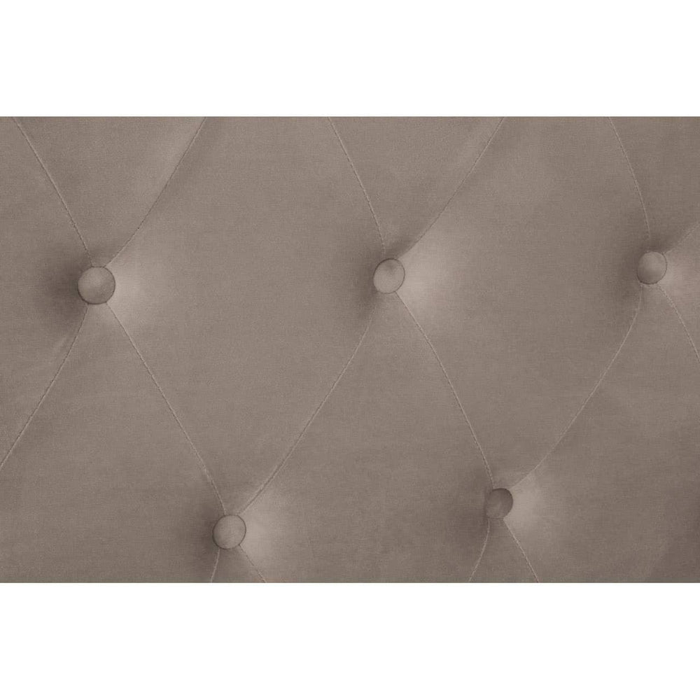 Taupe velvet tufted headboard close up with button detail