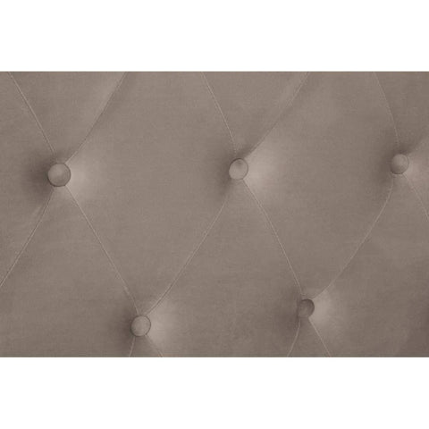 Taupe velvet tufted headboard close up with button detail