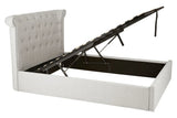 Light grey ottoman bed frame with tufted headboard and lift-up storage base